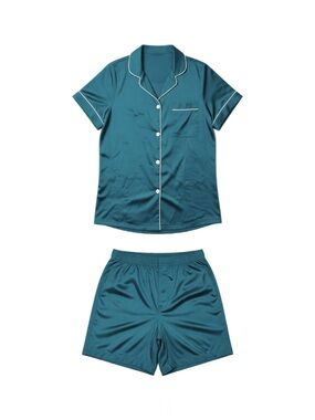 Cheibear Women’s Teal Short Sleeve Satin Pajama Set - Classic Button-Front